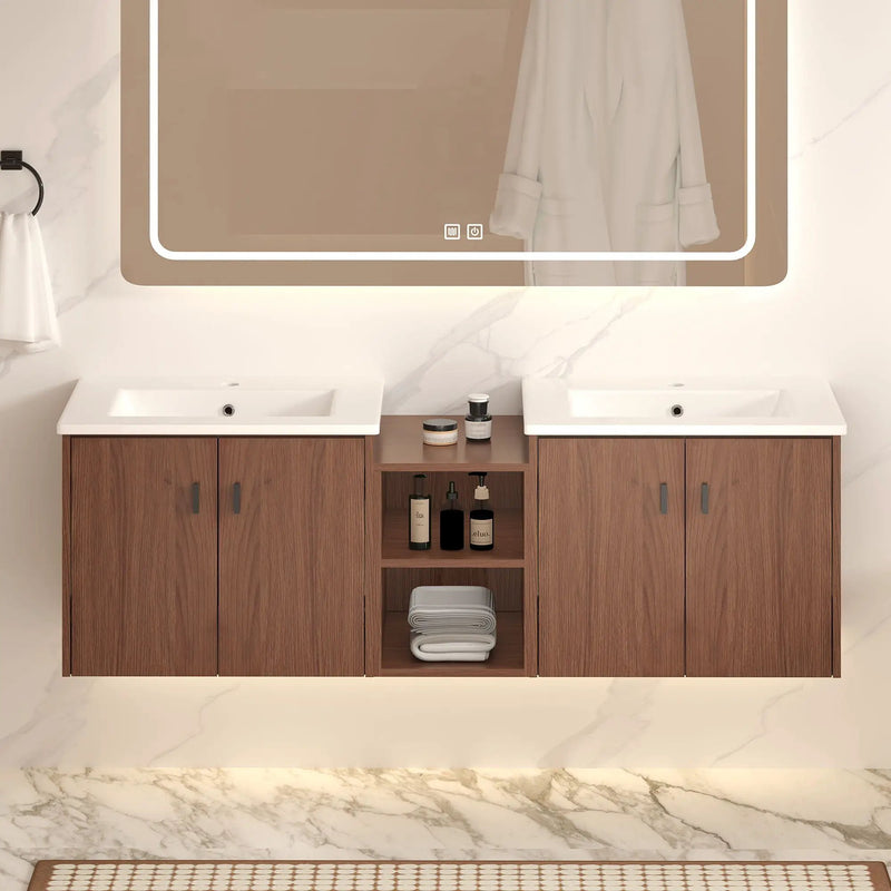 Soft Close Doors Bathroom Vanity With Small Storage Shelves, 24" And 12" Combination Cabinet - Reddish Brown by Unique Piece Furniture