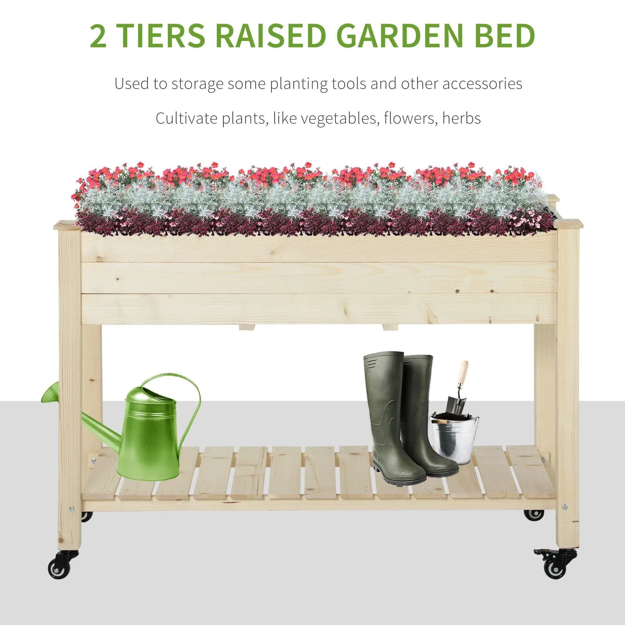 Outsunny - Raised Garden Bed, 47" x 22" x 33", Elevated Wooden Planter Box With Lockable Wheels, Storage Shelf, And Bed Liner For Backyard, Patio - Natural by HouseOfZazla