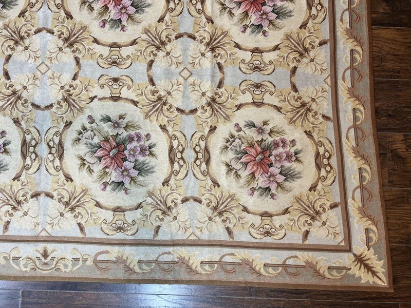 Chinese Needlepoint Rug 8x11, Handmade Wool Needlepoint Carpet, Vintage, Sky Blue by Jewel Rugs