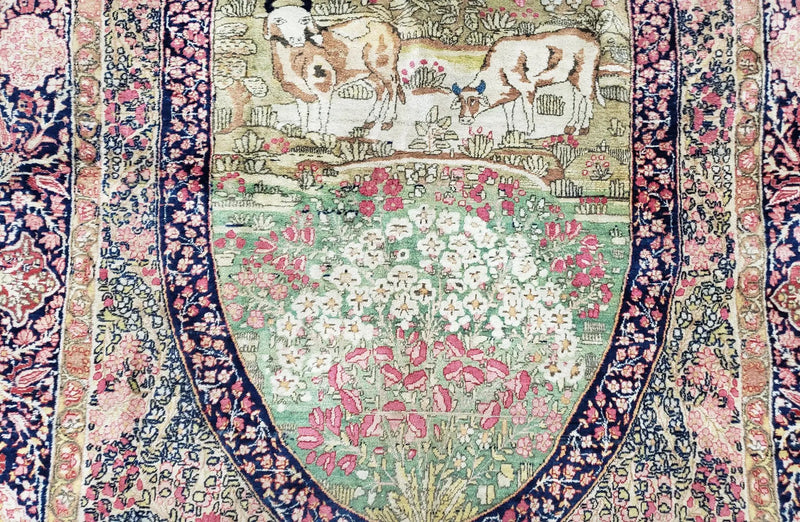 Antique Persian Kerman Lavar Rug 4.4 x 7.5, Highly Collectible Rare, 1880s Rug, Millefleurs, Cows, Wool Hand Knotted, Pictorial by Jewel Rugs