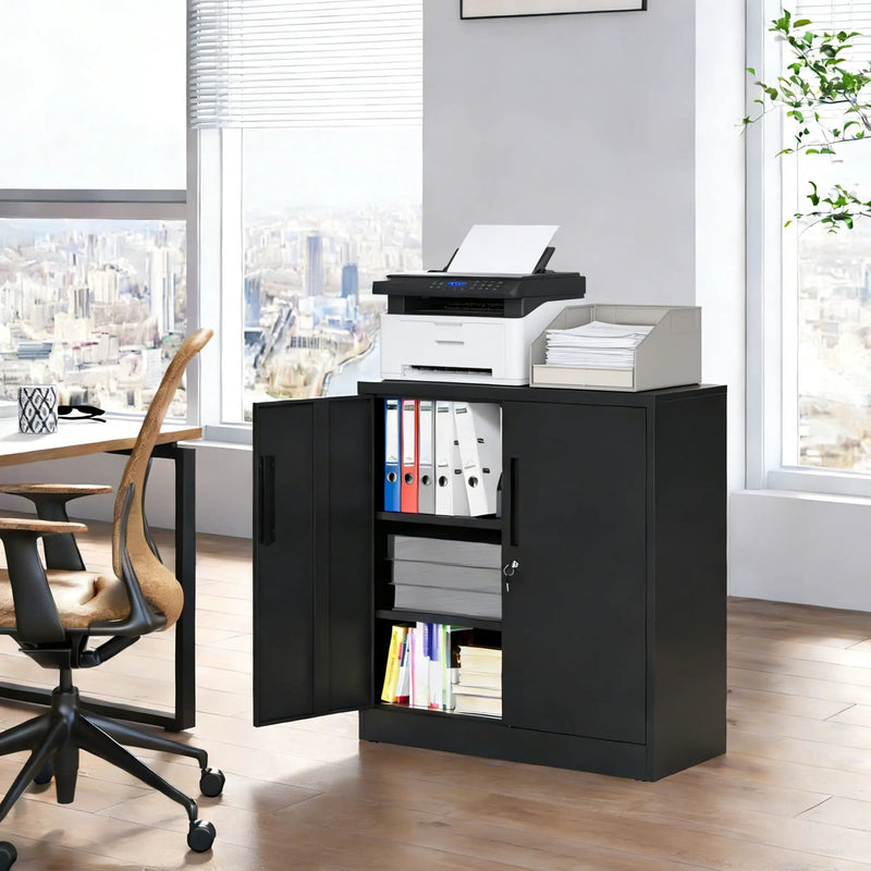Heavy Duty Storage Cabinet With Lock, 2 Door File Cabinet With 2 Adjustable Shelves - Black by Unique Piece Furniture