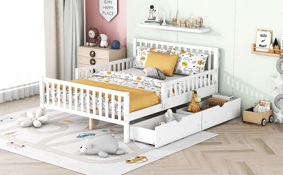 Platform Bed With Guardrails On Both Sides And 2 Storage Drawers by HouseOfZazla