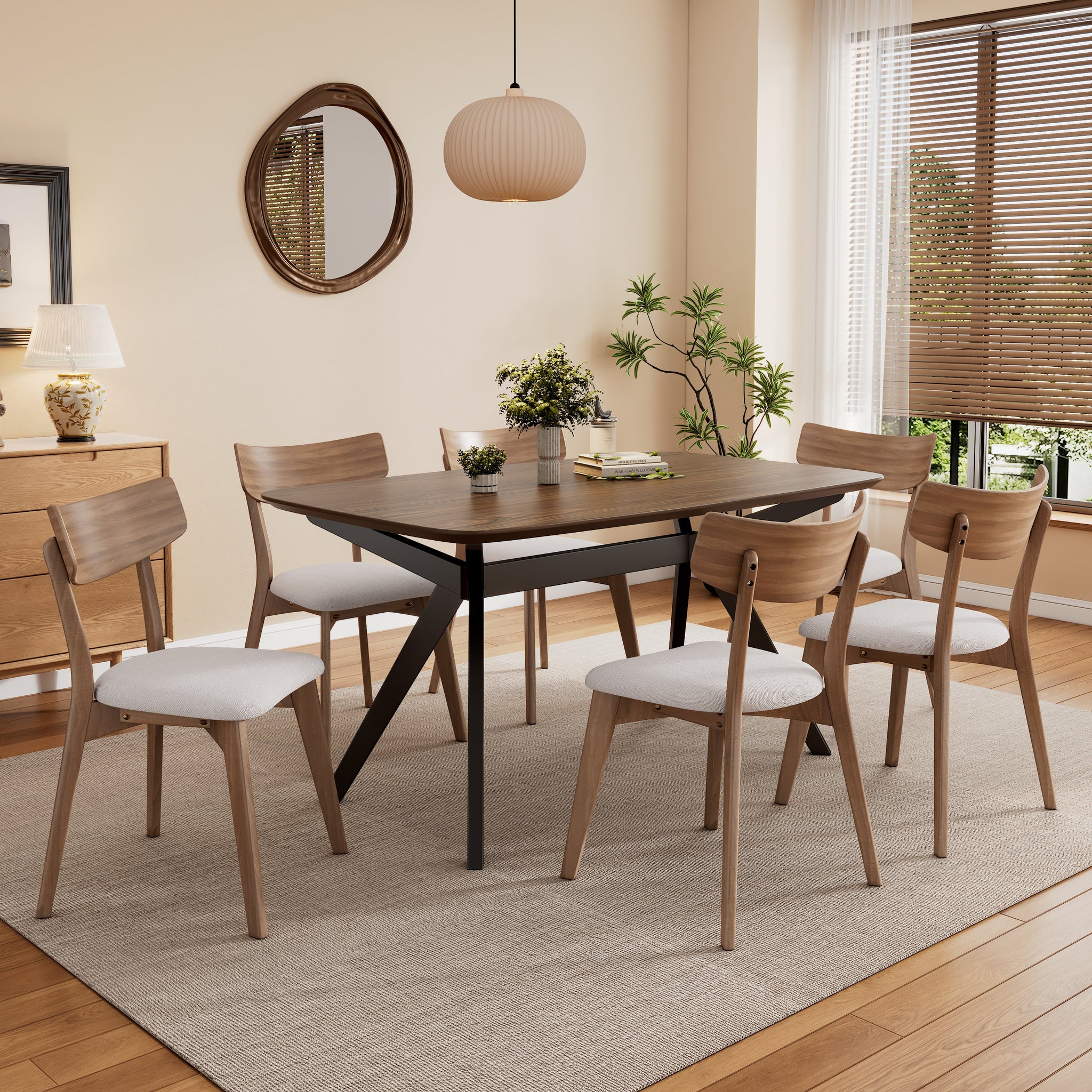 7-Pieces Upholstered Dining Set With Rubberwood Frame, Light Beige + Walnut + Black by HouseOfZazla