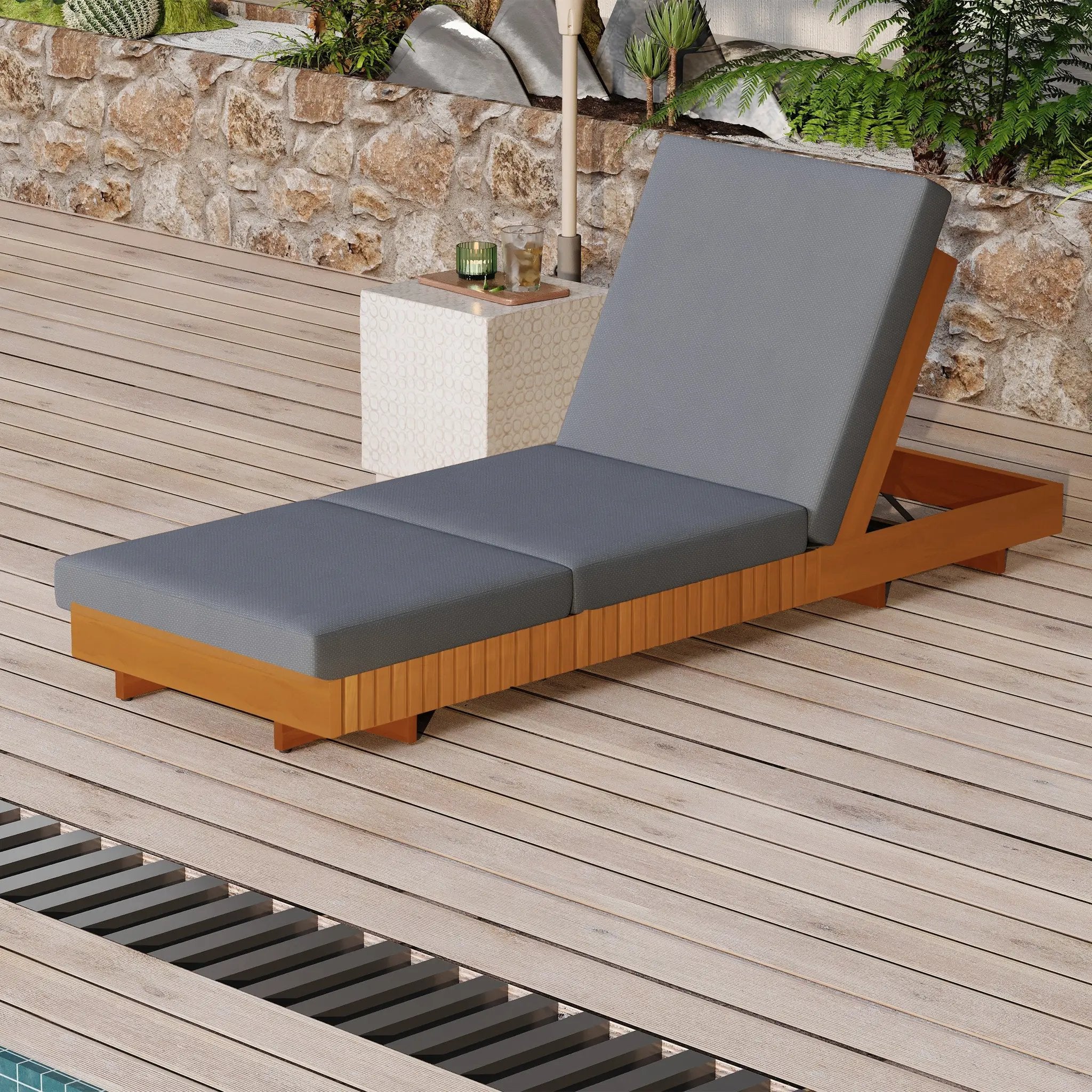 Lounge Chaise Set, Acacia Solid Wood with Lounge Cushion by HouseOfZazla