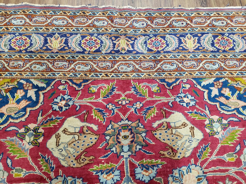 Antique Turkish Sivas Area Rug 8x11, Hand-Knotted, Vintage Red Wool Carpet, Gazelles Lions, Boteh Border, 8' x 11' Top Quality Oriental Rug by Jewel Rugs