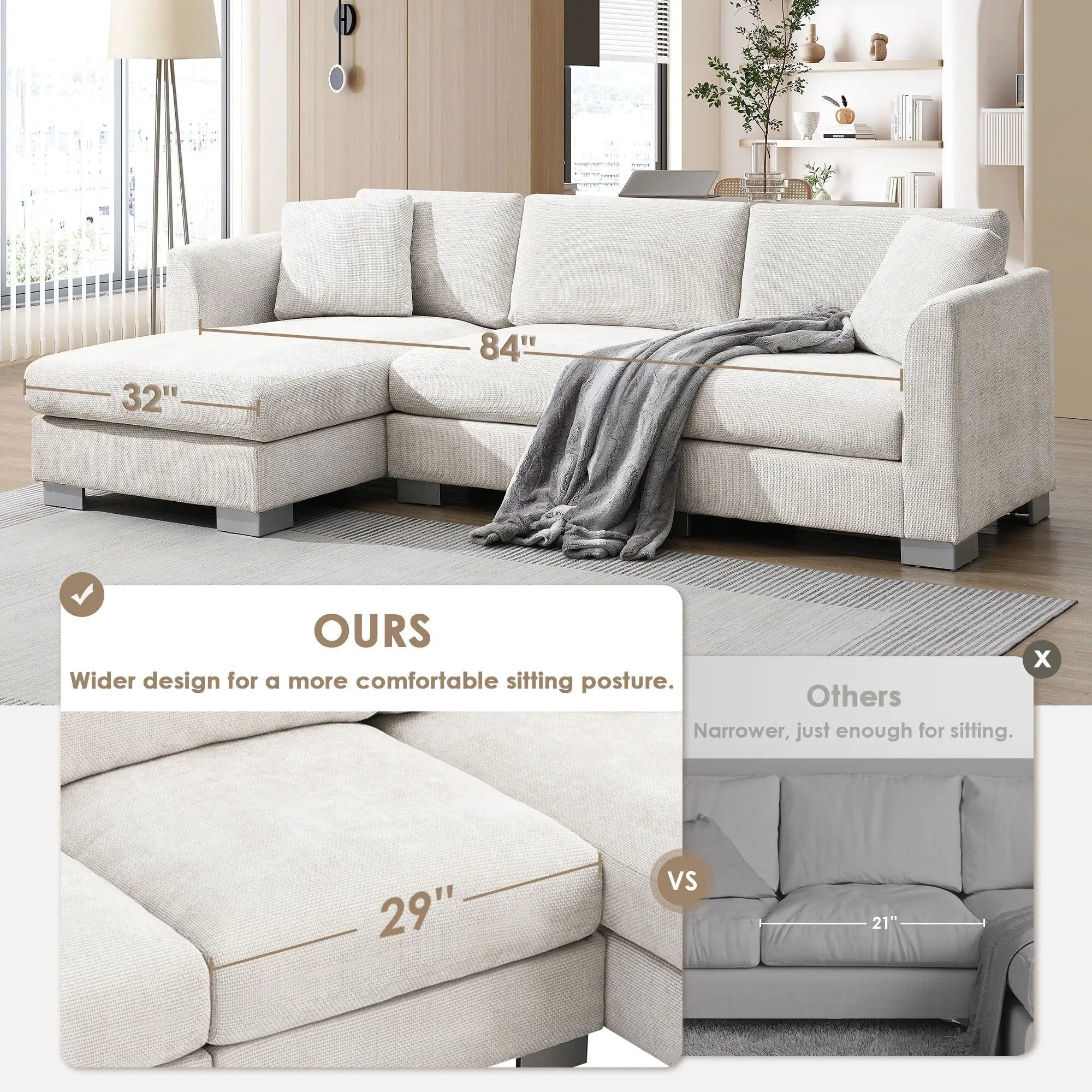Modern Cloud Sectional Sofa L Shaped Luxury Couch Set With 2 Free Pillows 4 Seat With Oversized Chaise by Unique Piece Furniture