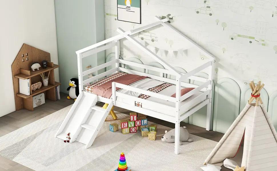Low Loft House Bed With Slide, Ladder, Safety Guardrails, House Roof Frame by Unique Piece Furniture