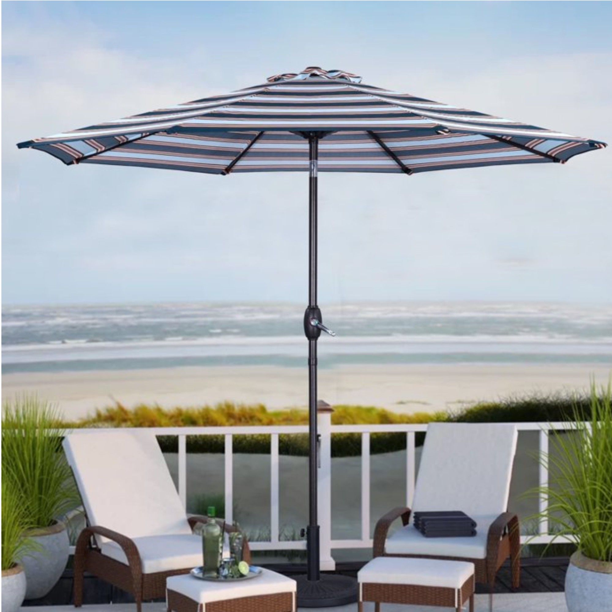 Patio Umbrella With Crank Lift & Push Button Tilt Frame, 200G / Sqm Solution Dyed Canopy - Blue Multi / Brown by HouseOfZazla