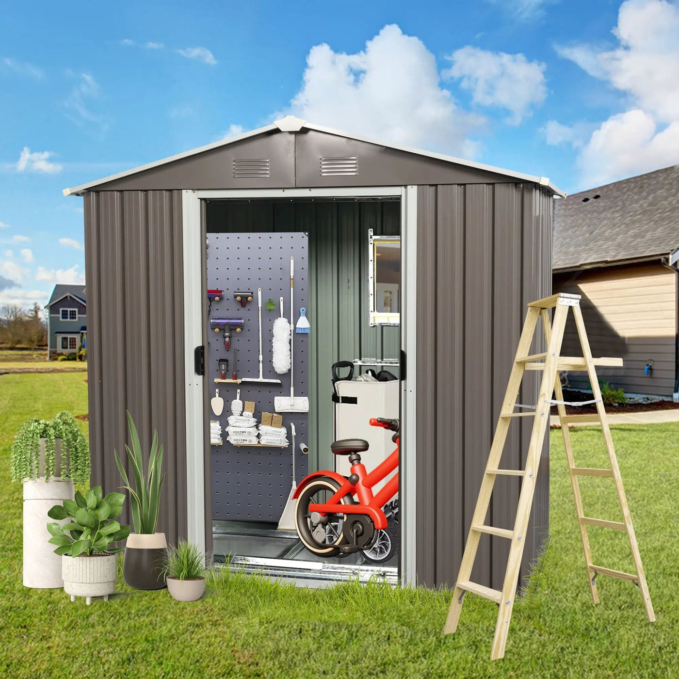 88.98" Outdoor Metal Storage Shed With Window by HouseOfZazla