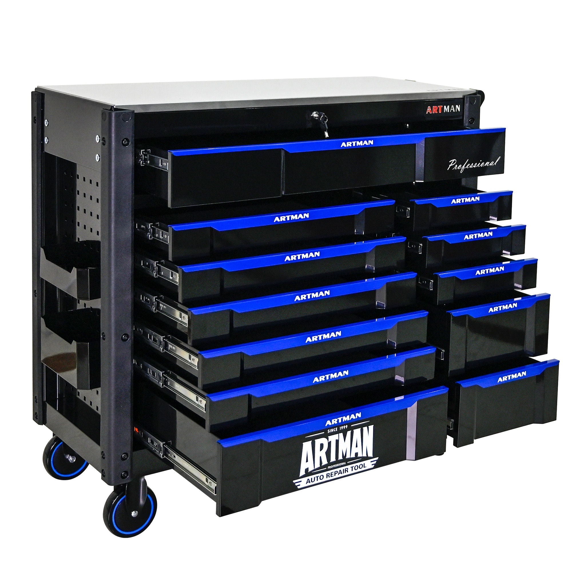 12 Layer Drawer Multi Purpose Tool Cart With Wheels And Iron Top - Black / Blue by HouseOfZazla