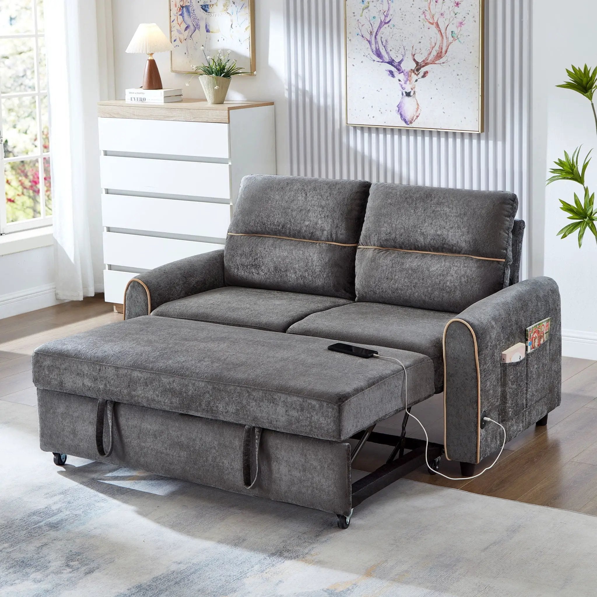 Pull Out Sofa Bed With Adjustable 3 Position Backrest, USB Charging Ports, Side Pockets by Unique Piece Furniture