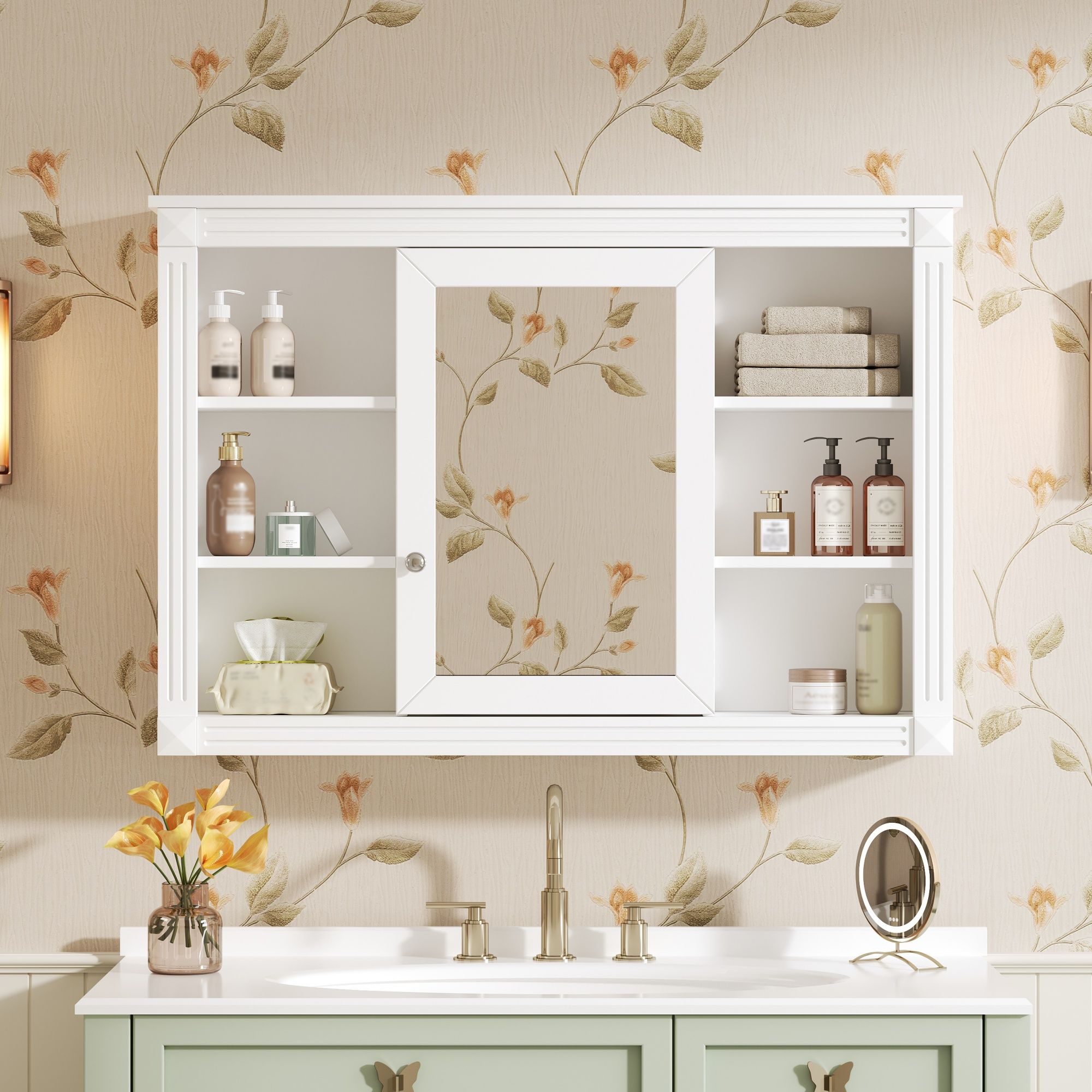Wall Mounted Bathroom Storage Cabinet With Mirror, Medicine Cabinet With 6 Open Shelves And Adjustable Interior - White by Unique Piece Furniture