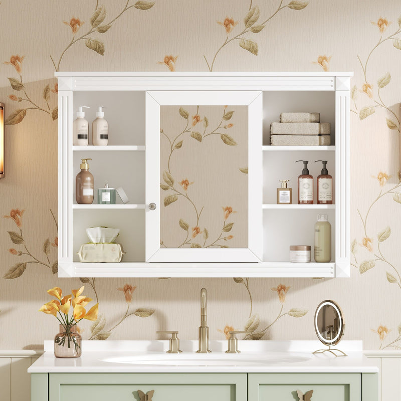 Wall Mounted Bathroom Storage Cabinet With Mirror, Medicine Cabinet With 6 Open Shelves And Adjustable Interior - White by Unique Piece Furniture