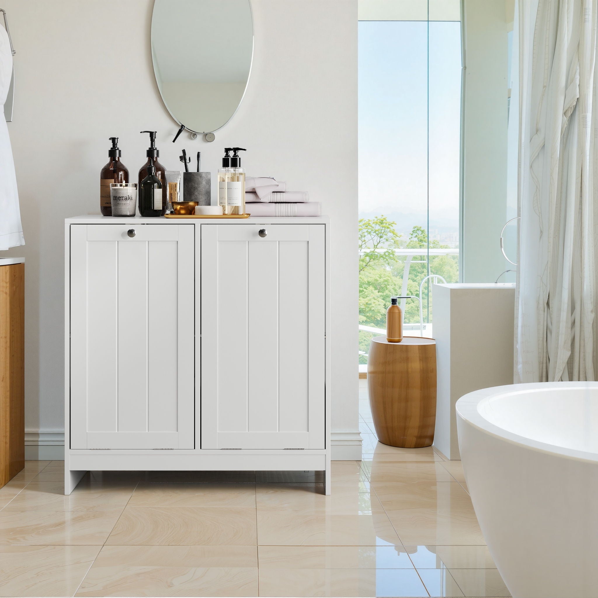 Tilted Laundry Hamper With Removable Basket, Hidden Storage Cabinet, Home Organizer For Bathroom - White by HouseOfZazla