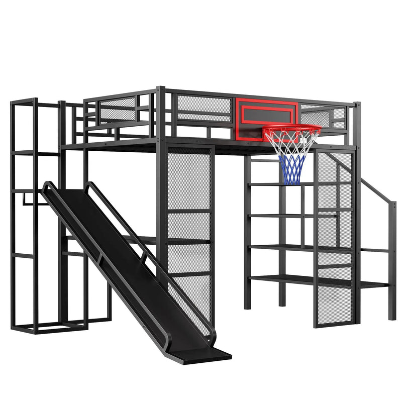 Loft Bed With Built In Desk, Open Wardrobe, Basketball Hoop, Slide And Staircase by Unique Piece Furniture