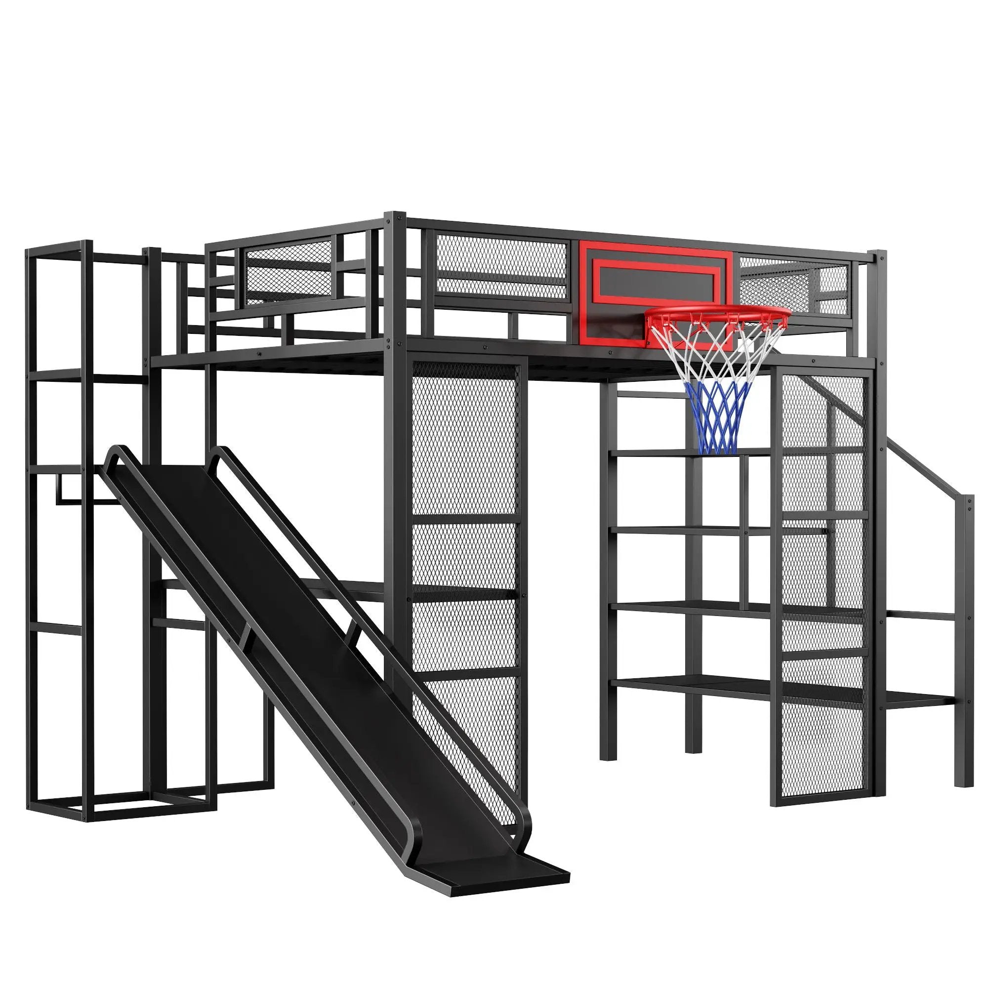 Loft Bed With Built In Desk, Open Wardrobe, Basketball Hoop, Slide And Staircase by HouseOfZazla