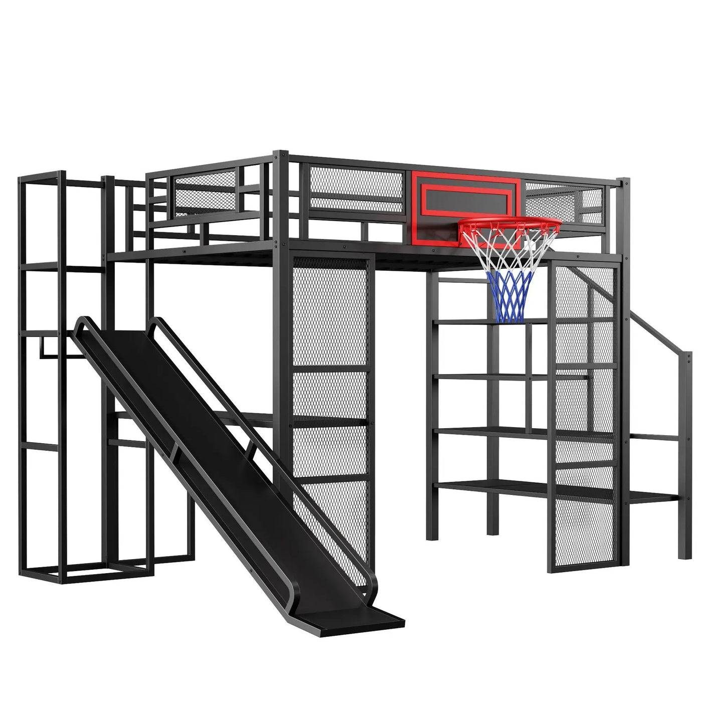 Loft Bed With Built In Desk, Open Wardrobe, Basketball Hoop, Slide And Staircase by Unique Piece Furniture