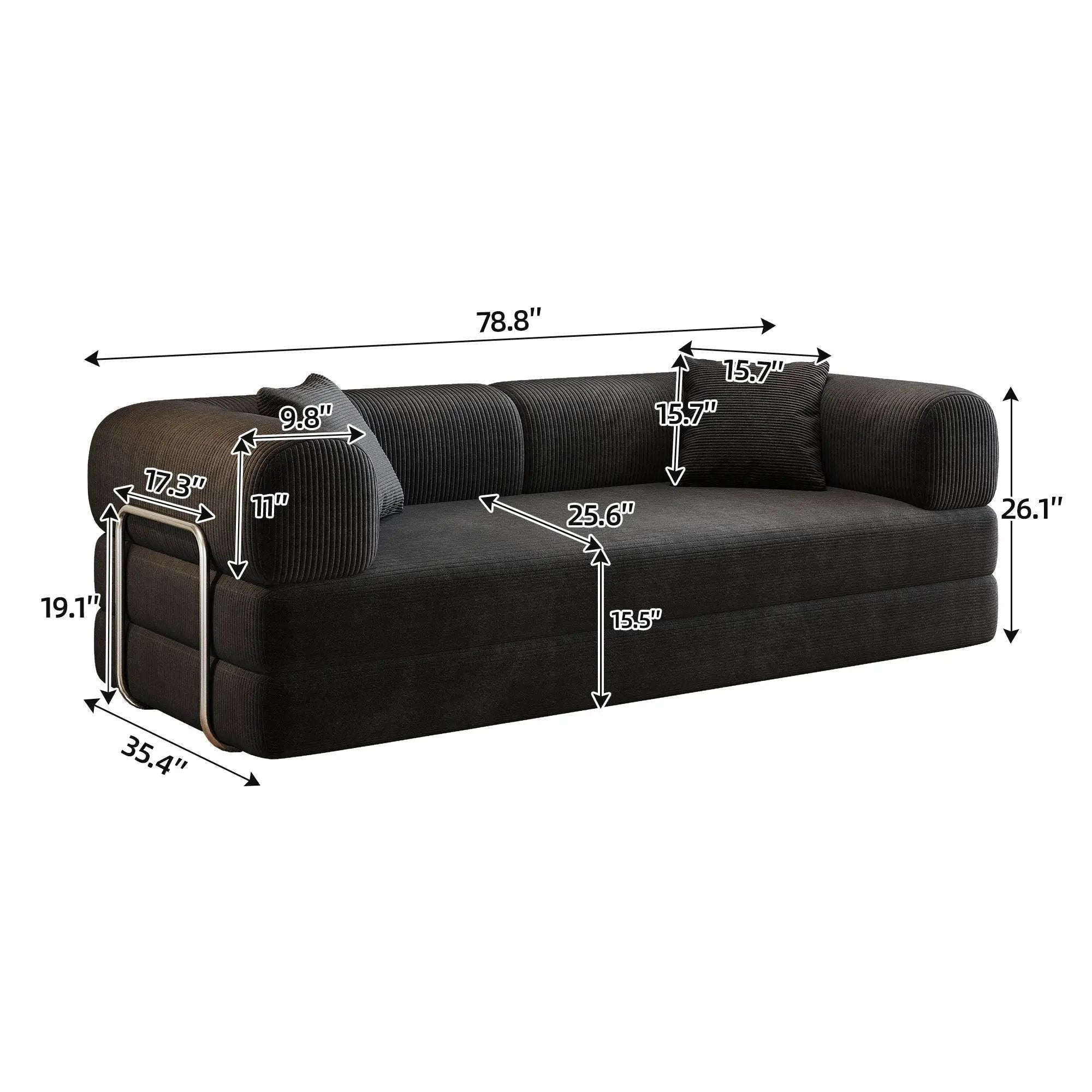 78.8' Compression Sofa,Convertible Floor Sofa Bed-with Pillow Back Support Armrest,Comfy Futon Couch Sleeper Bed,Loveseats Boneless Modular Sectional Sofa,Corduroy fabric,for Living Room,Bedroom,Black by HouseOfZazla