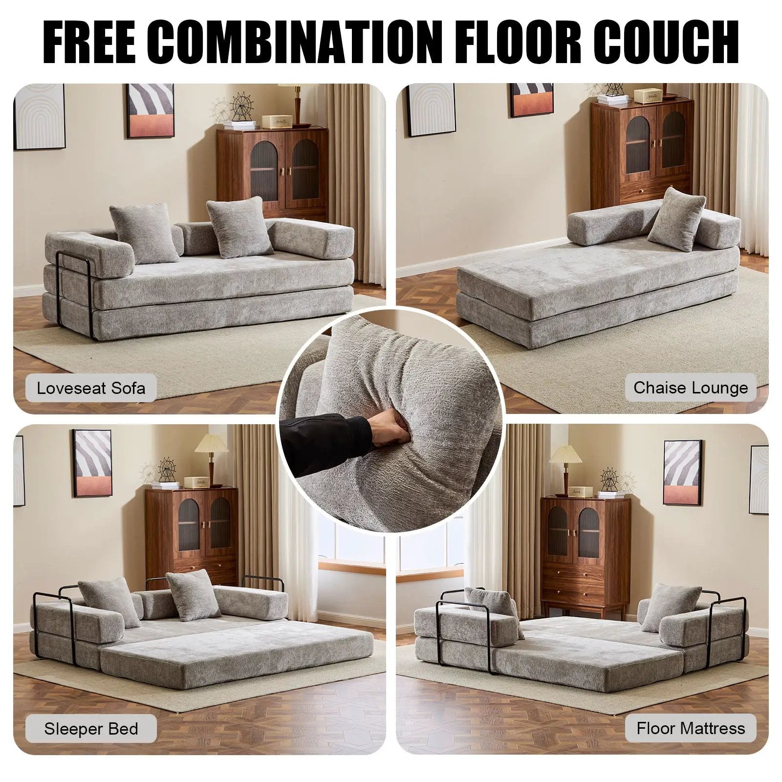 Convertible Floor Sofa Bed With Pillow Back Support Armrest by Unique Piece Furniture