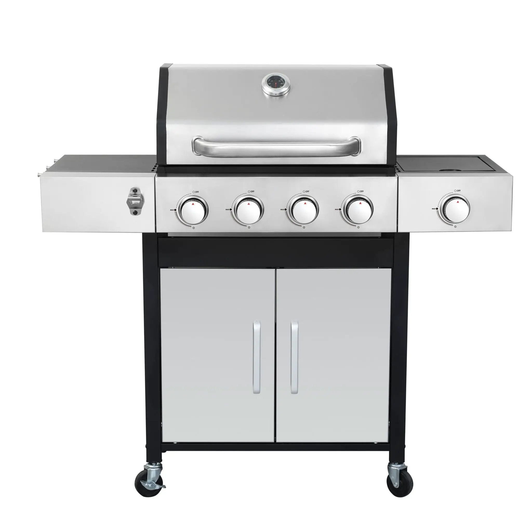 4 Burner Propane Gas Bbq Grill With Side Burner, 46790Btu Output With Enameed Cast Iron Cooking Grids For Outdoor Barbecue, Stainless Steel - Black / Silver by HouseOfZazla