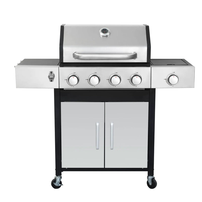 4 Burner Propane Gas Bbq Grill With Side Burner, 46790Btu Output With Enameed Cast Iron Cooking Grids For Outdoor Barbecue, Stainless Steel - Black / Silver by HouseOfZazla