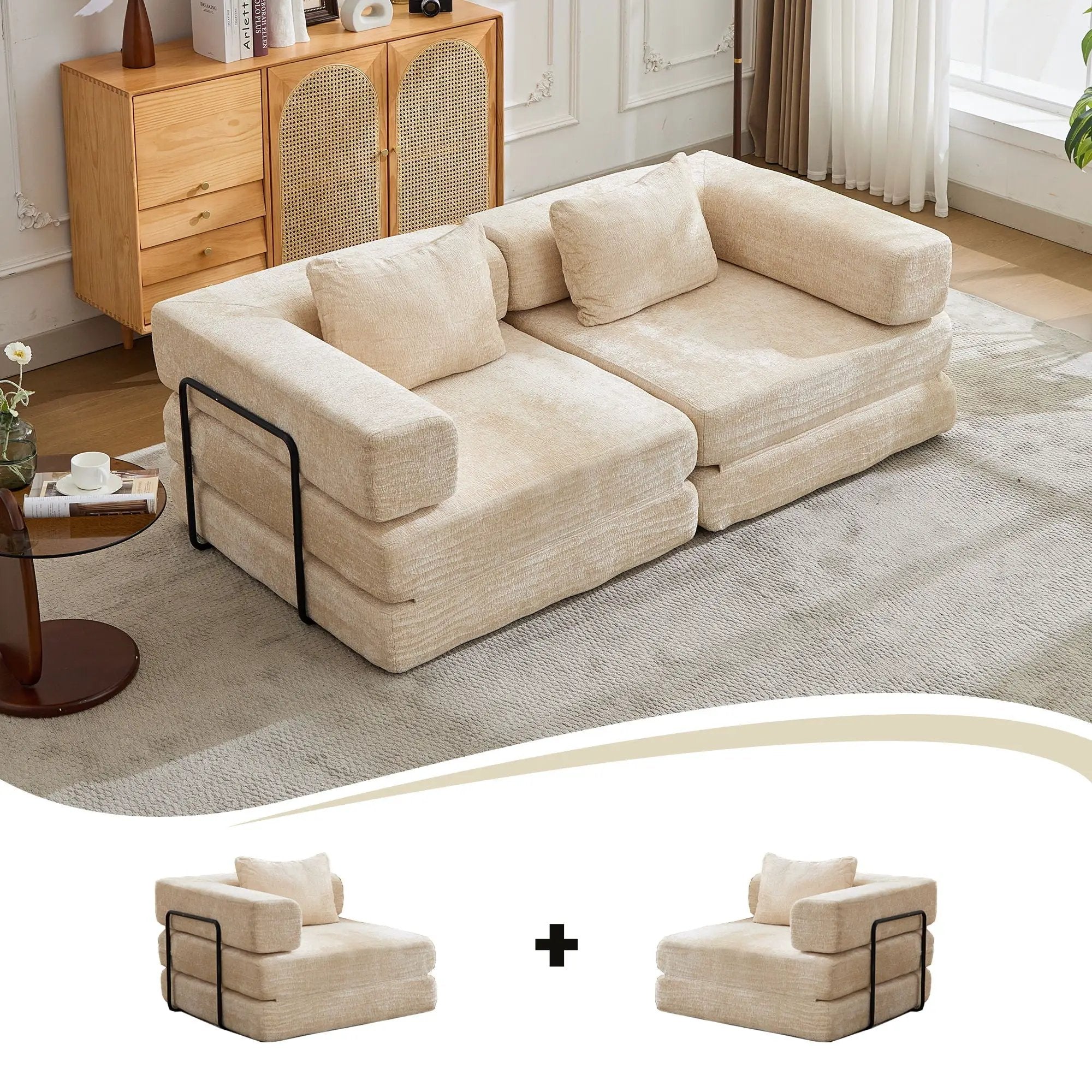 Convertible Floor Sofa Bed With Pillow Back Support Armrest by Unique Piece Furniture