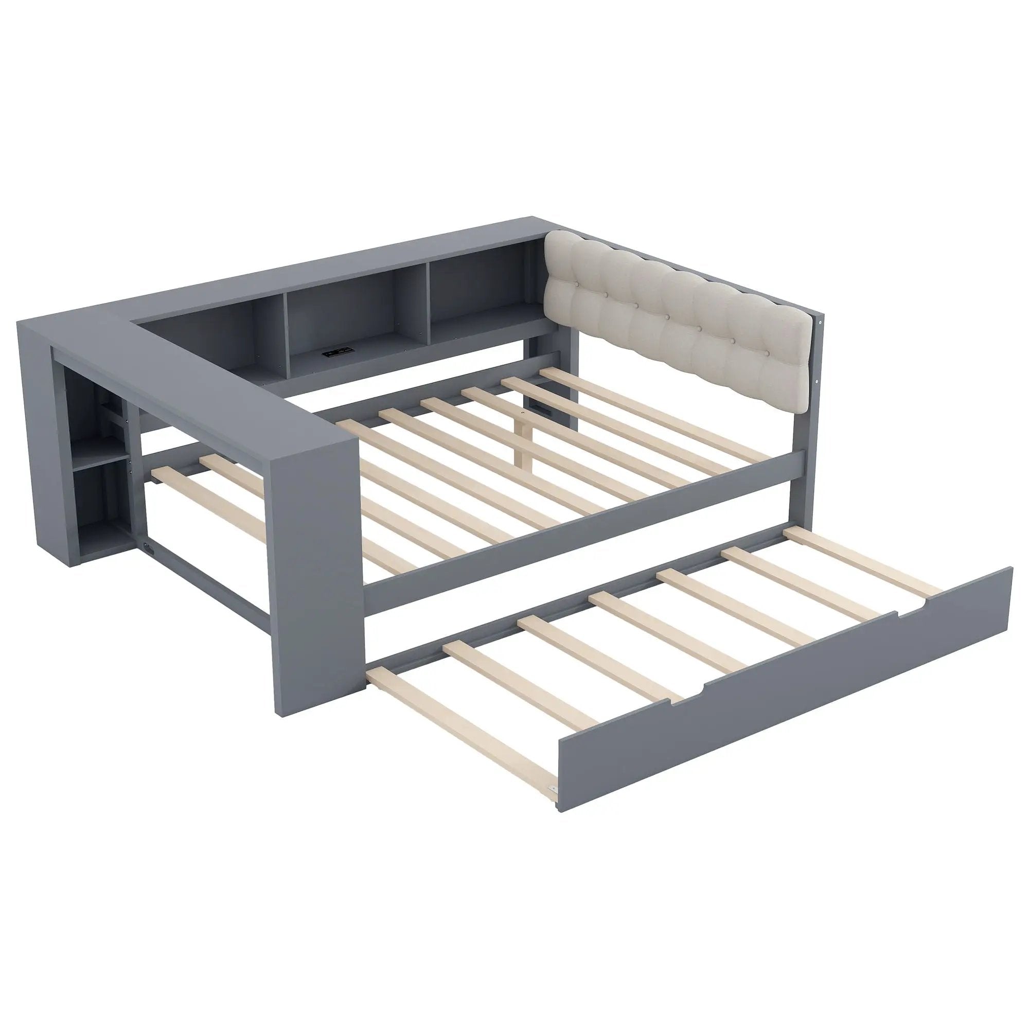 Upholstered Headboard Platform Bed with Storage Shelves, Trundle, and Charging Station by HouseOfZazla