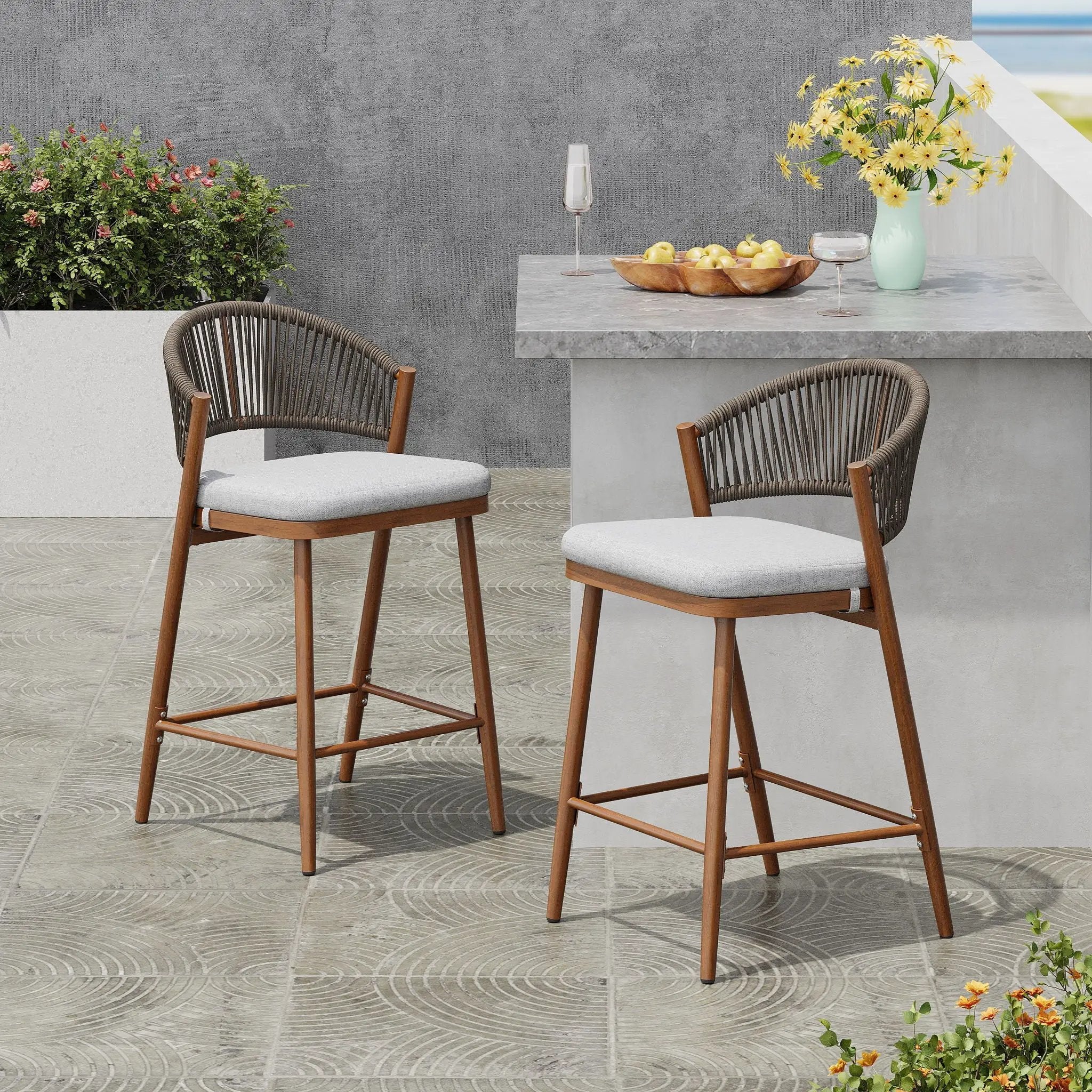 Outdoor 26" Counter Height Metal Frame Counter Stools With Scallop Shaped Backrest & Water Resistant Cushions by HouseOfZazla