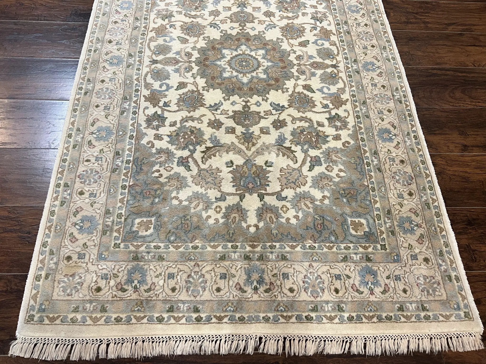 Indo Persian Rug 4x6, Floral Medallion, Beige, Handmade Wool Vintage Carpet 4 x 6 ft by Jewel Rugs