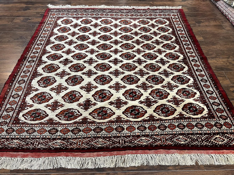 Persian Turkoman Rug 7x8, Almost Square Rare, Hand Knotted, Yamud, Bohemian Rug, Handmade Tribal Rug, Cream Red, Handmade Oriental Carpet by Jewel Rugs