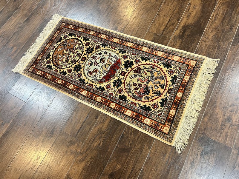 Silk Turkish Rug 2x4, Fine Handmade Oriental Rug, Animal Pictorial Birds Silk Pile on Silk Foundation Vintage Hand Knotted Hereke Carpet by Jewel Rugs