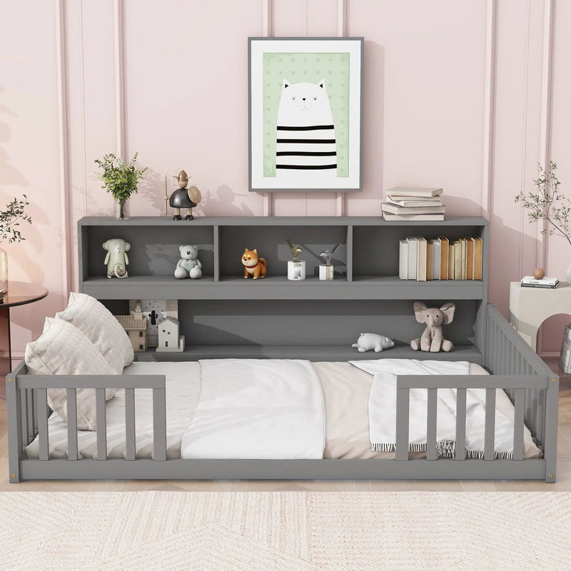 Floor Bed With Side Bookcase, Shelves, Guardrails by Unique Piece Furniture