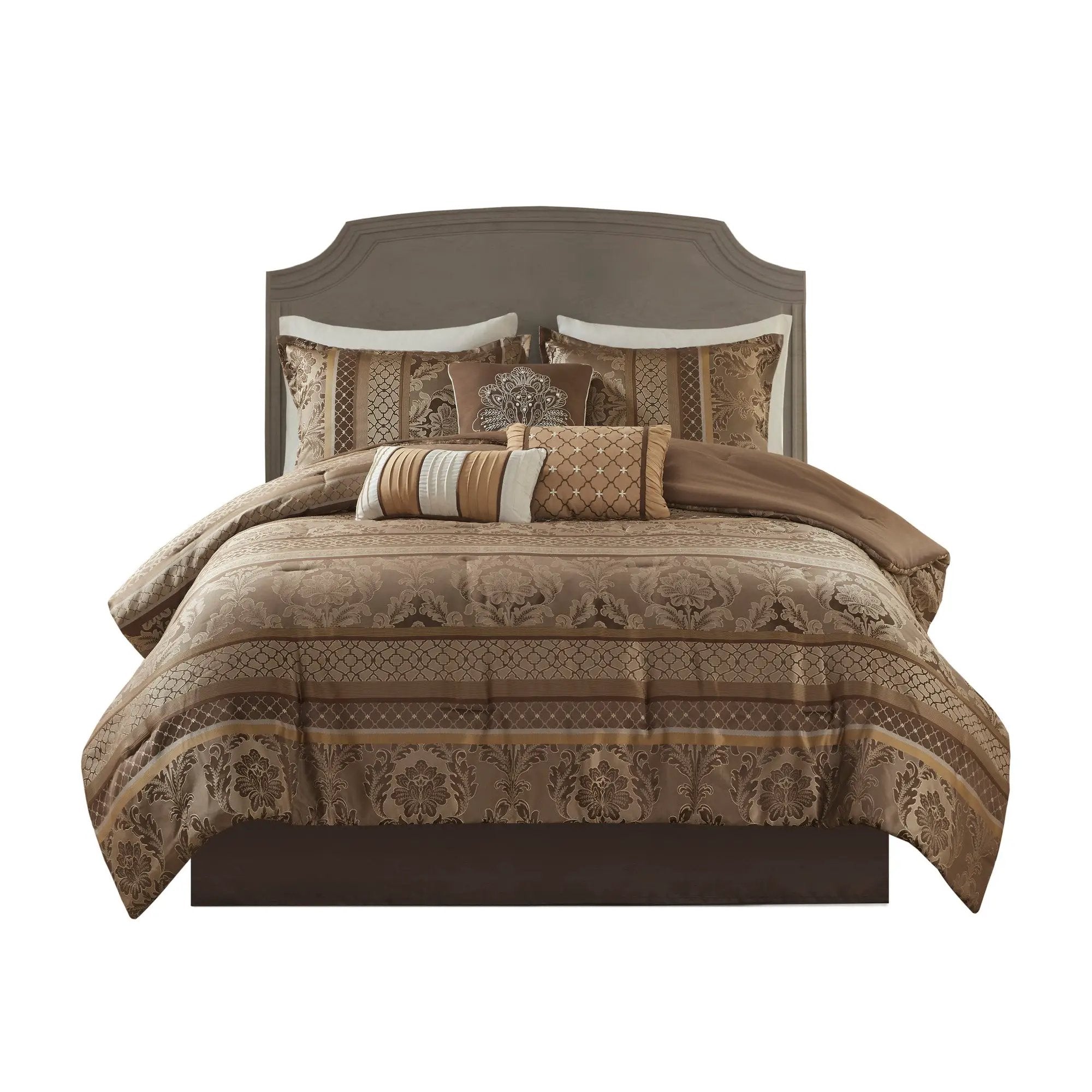 7 Piece Jacquard Comforter Set Brown/Gold Queen by HouseOfZazla
