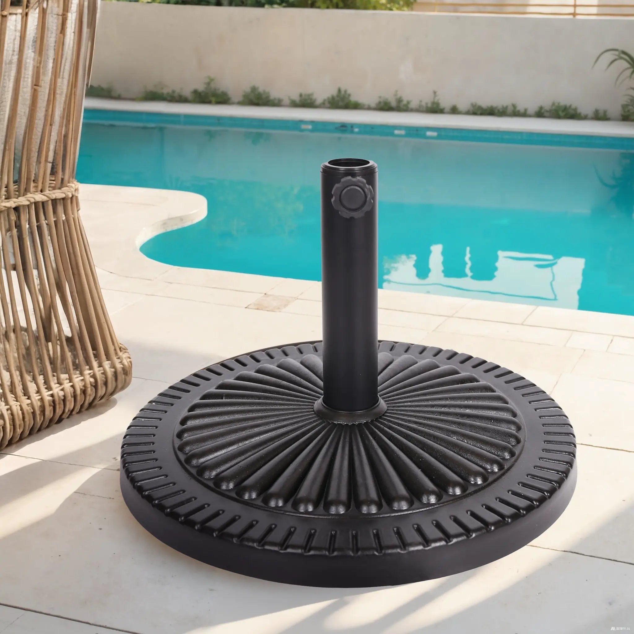 Black Rock Resin Outdoor Umbrella Base with Steel Support in Black Finish by HouseOfZazla