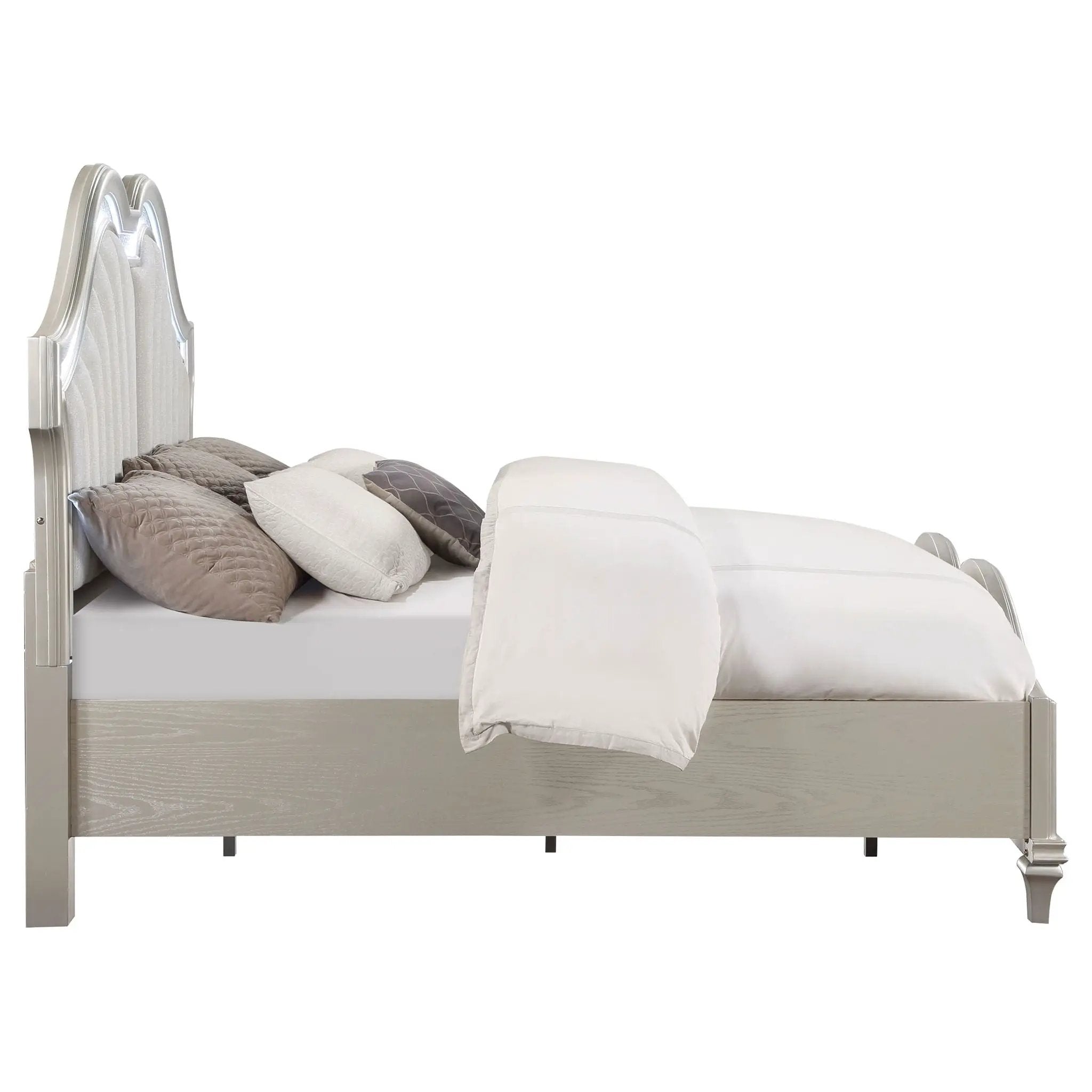 Evangeline Wood Eastern King LED Panel Bed Silver Oak by Unique Piece Furniture