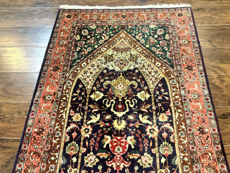 Persian Tabriz Rug 3x4, Navy Blue, Birds, Floral, Prayer Rug, Handmade Wool Rug, Finely Hand Knotted 325 KPSI by Jewel Rugs