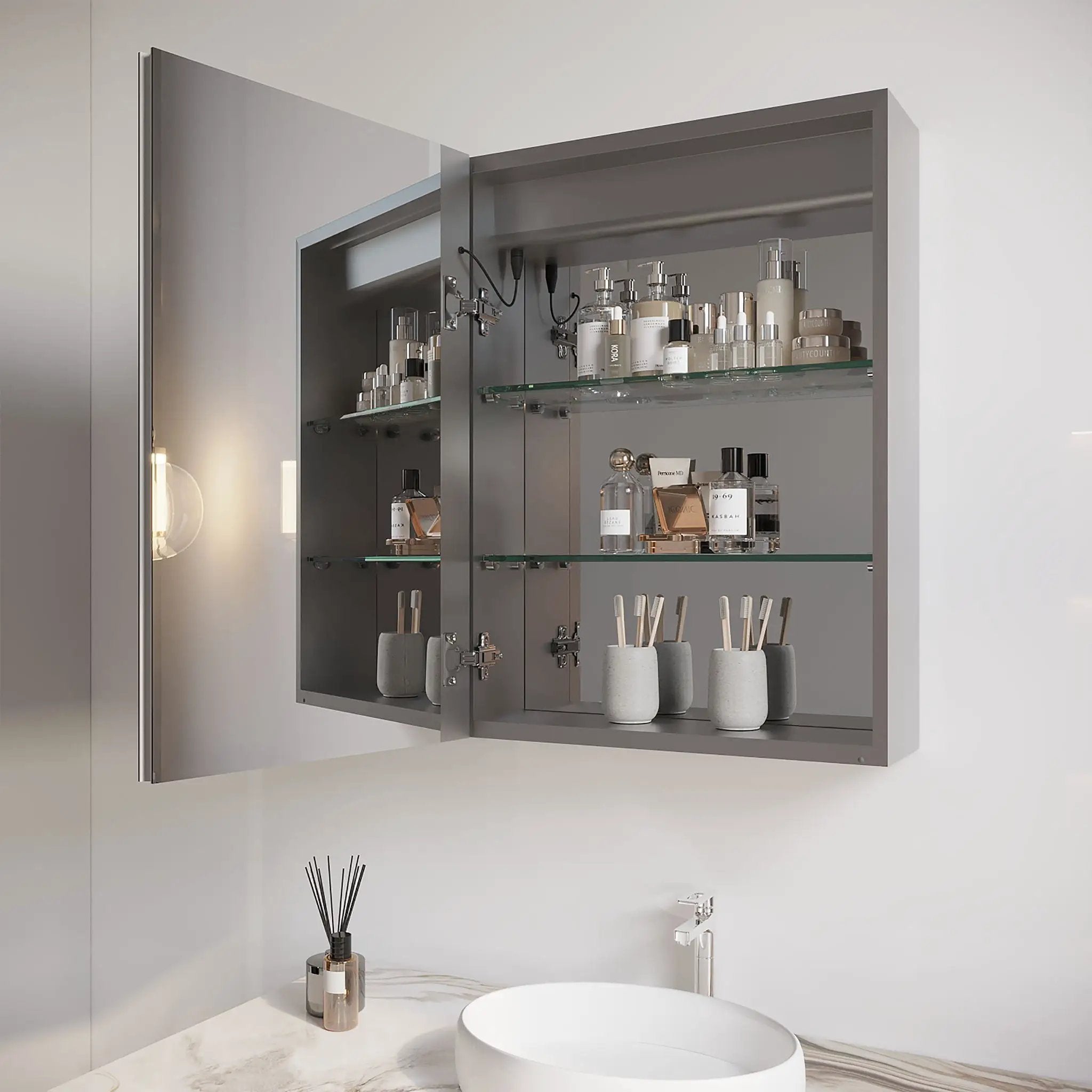 Bathroom Medicine Cabinet With LED Mirror, Anti-Fog, Waterproof, 3000K~6000K Single Door Lighted Bathroom Cabinet With Touch Swich by Unique Piece Furniture
