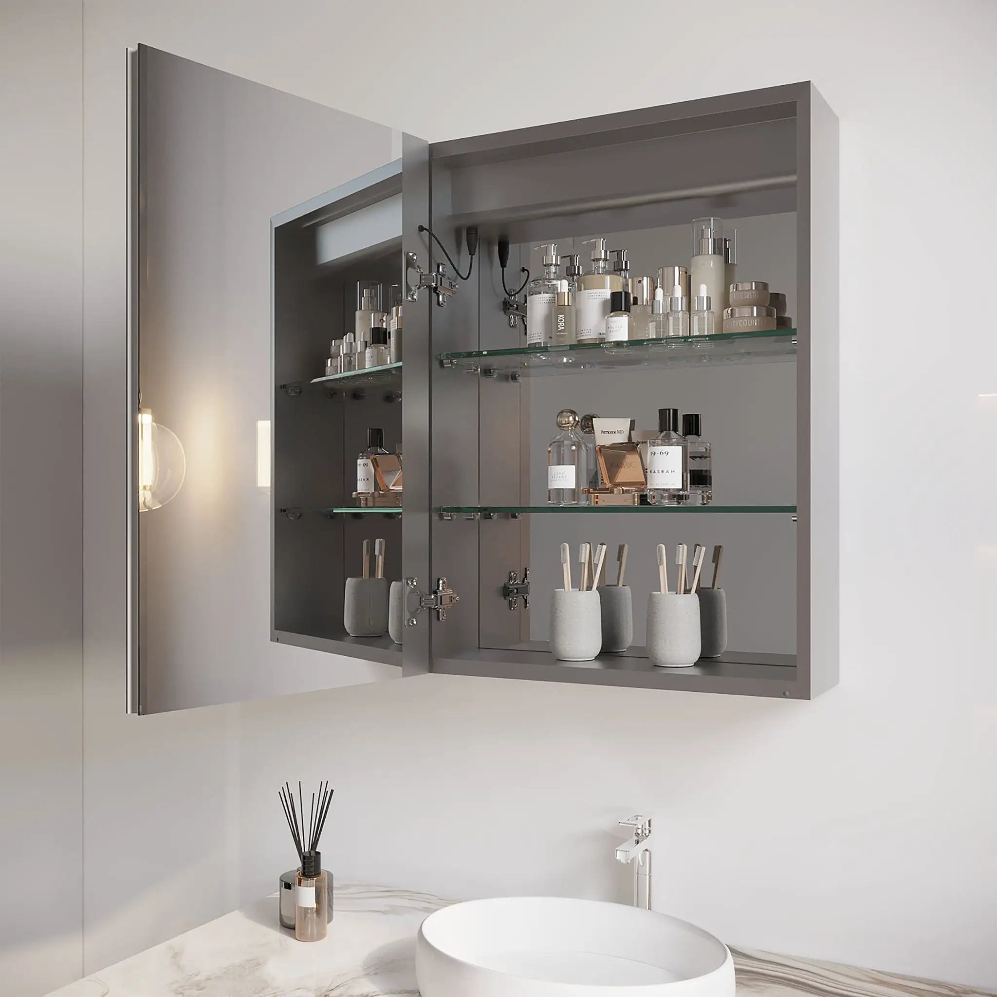 Bathroom Medicine Cabinet With LED Mirror, Anti-Fog, Waterproof, 3000K~6000K Single Door Lighted Bathroom Cabinet With Touch Swich by HouseOfZazla