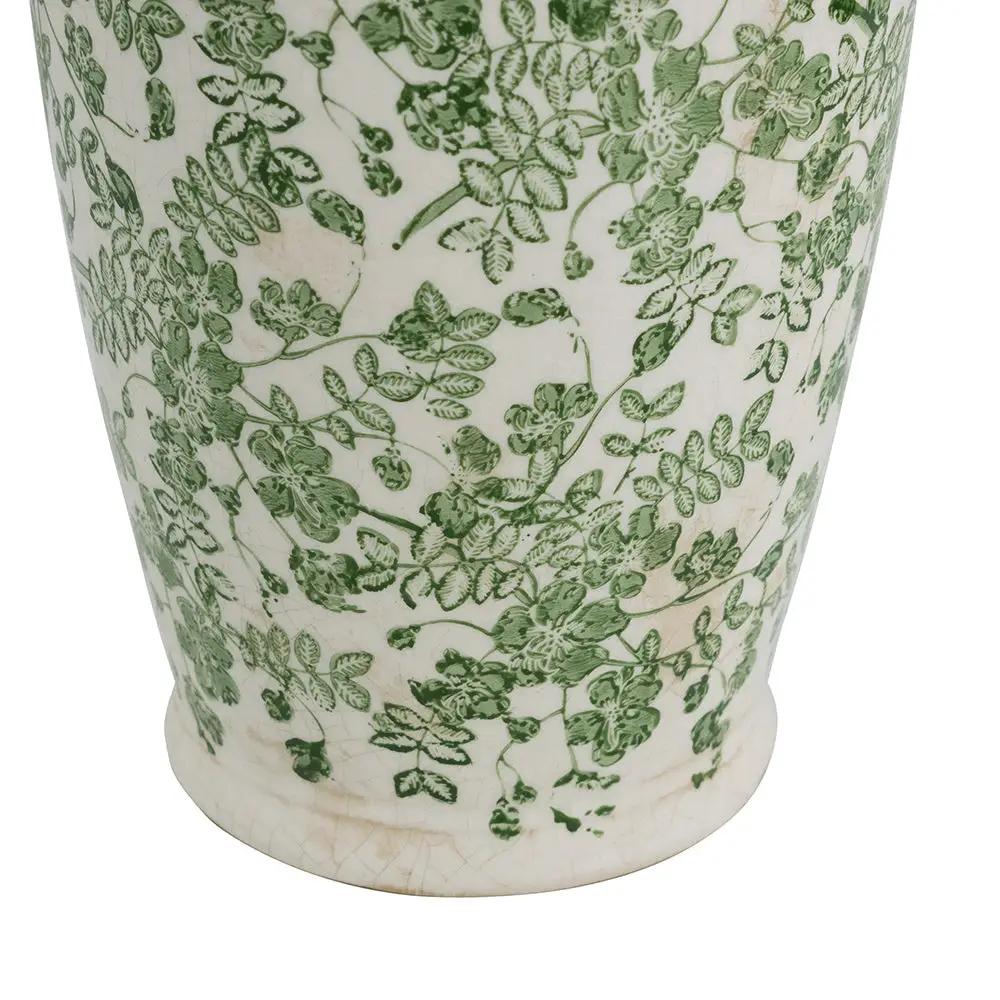 7.7x7.7x14.6' White Ceramic Flower Vase with Green Floral Pattern by HouseOfZazla