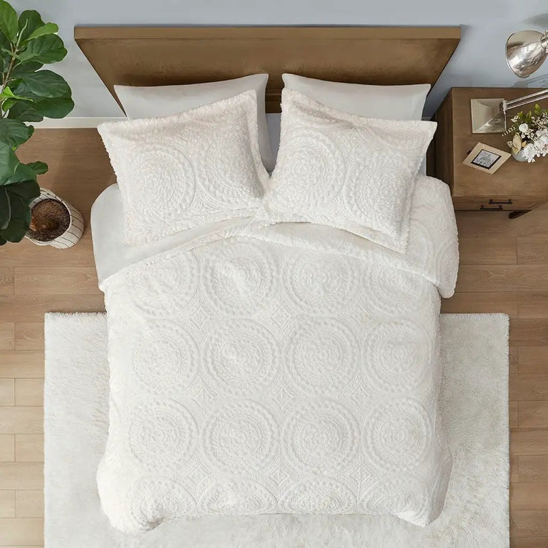 Full/Queen Embroidered Medallion Faux Fur Ultra Plush Comforter Mini Set by HouseOfZazla
