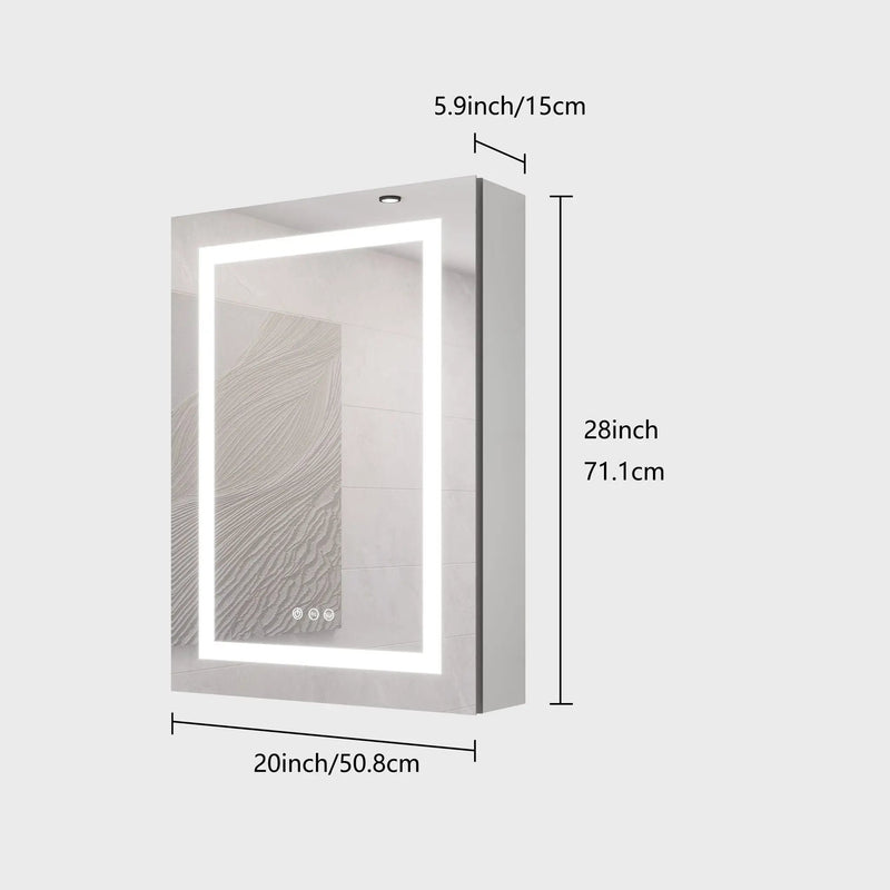20 X 28" Bathroom Medicine Cabinet With Mirror Wall Mounted LED Bathroom Mirror Cabinet With Lights, Anti-Fog, Waterproof, Dimmable, 3000K~6000K, Single Door, Touch Swich, Storage Shelves - Silver by Unique Piece Furniture