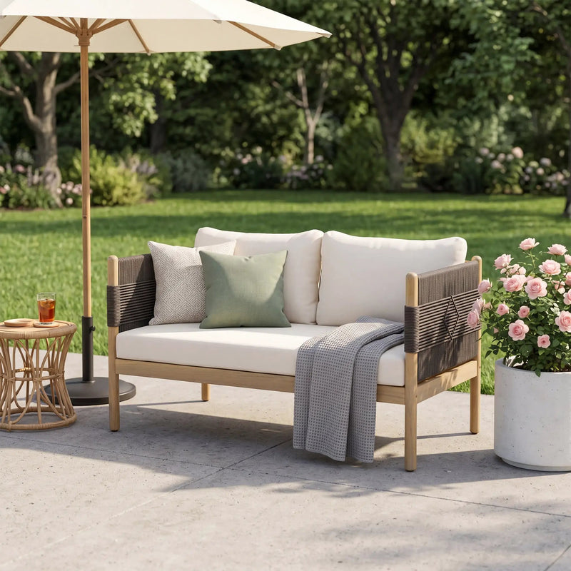 Outdoor Acacia Wood Loveseat with Diamond Rope Weave & Cushions, Light Teak by HouseOfZazla