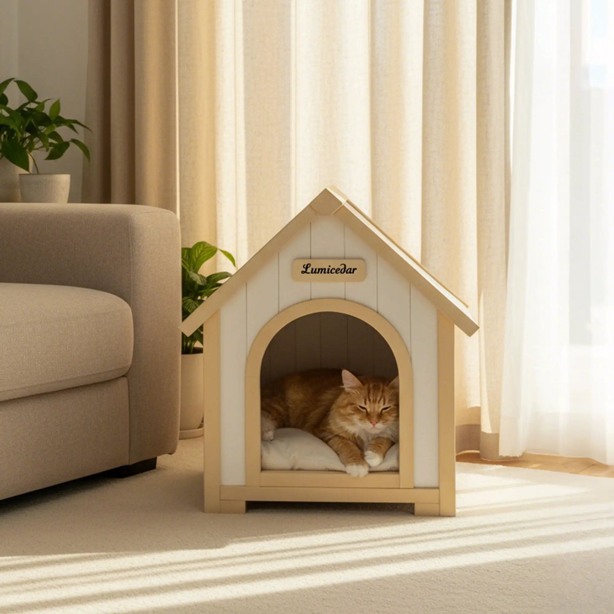 Indoor Dog House With Cushion Pet House For Small Dogs & Cats - Creamy White / Light Yellow by HouseOfZazla