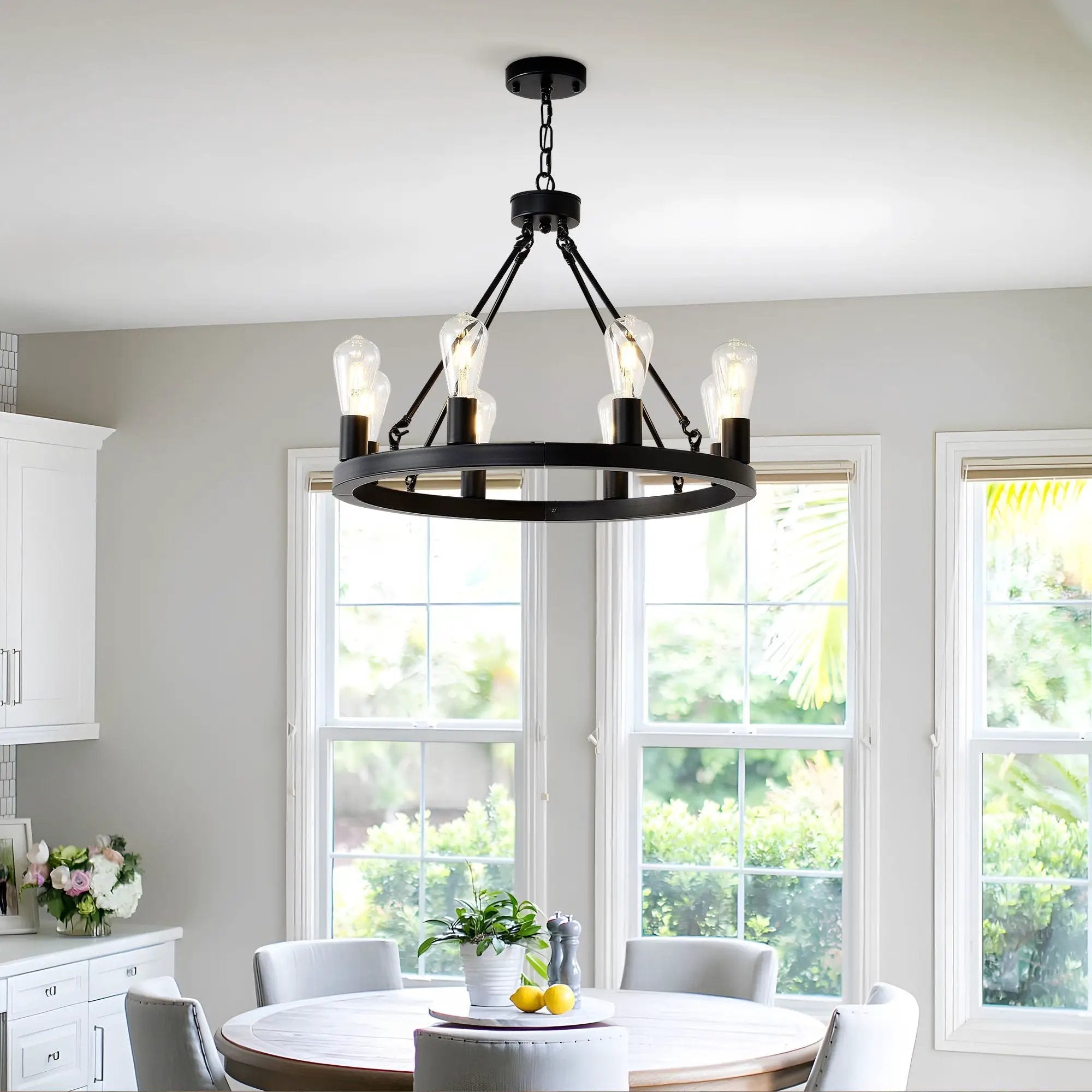 6 Light (No Bulbs) Wagon Wheel Chandelier Farmhouse Modern Small Round Chandelier For Living Room Kitchen Island Foyer Hallway Entryway Bedroom Dining Room Light Fixture Ceiling Hanging - Matte Black by Unique Piece Furniture