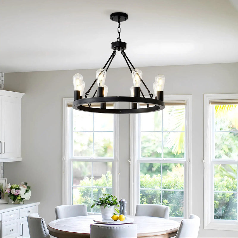 6 Light (No Bulbs) Wagon Wheel Chandelier Farmhouse Modern Small Round Chandelier For Living Room Kitchen Island Foyer Hallway Entryway Bedroom Dining Room Light Fixture Ceiling Hanging - Matte Black by HouseOfZazla