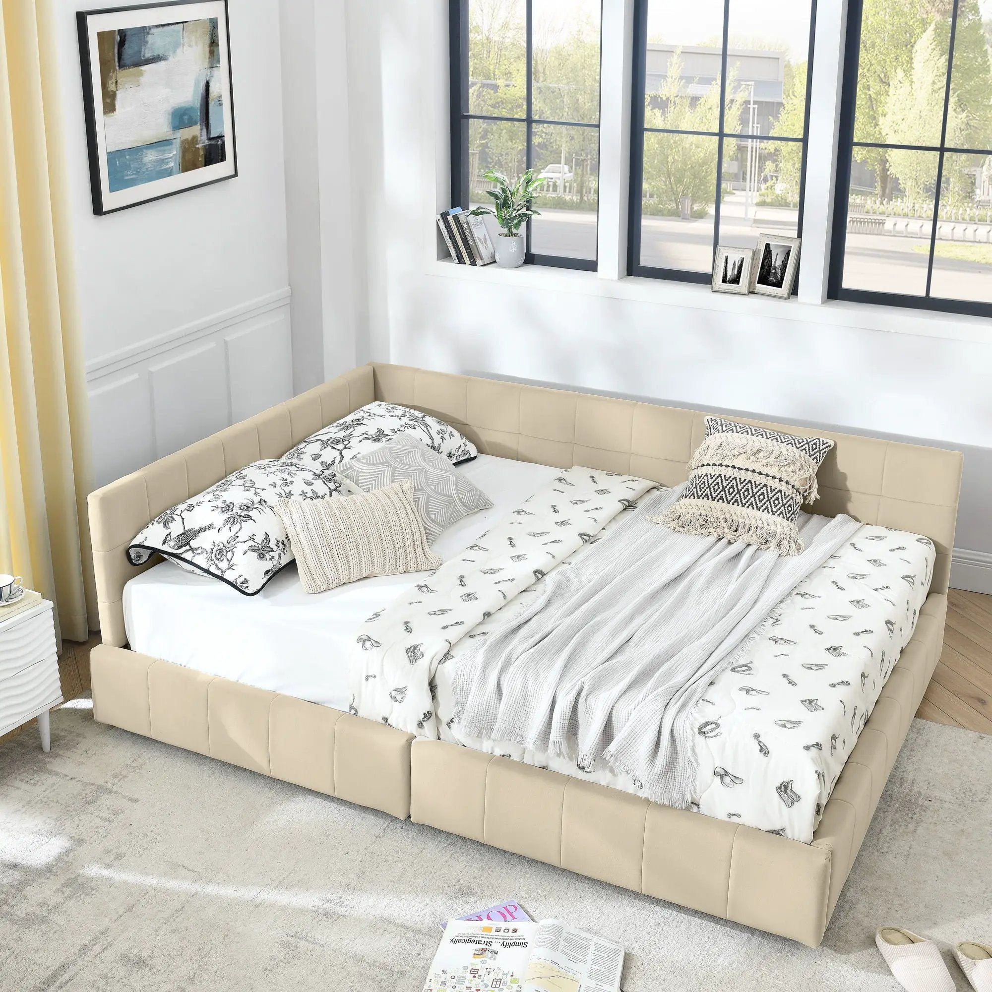 Mid-Century Storage Upholstered Tufted Bed Frame With Backrest And Armrests by Unique Piece Furniture