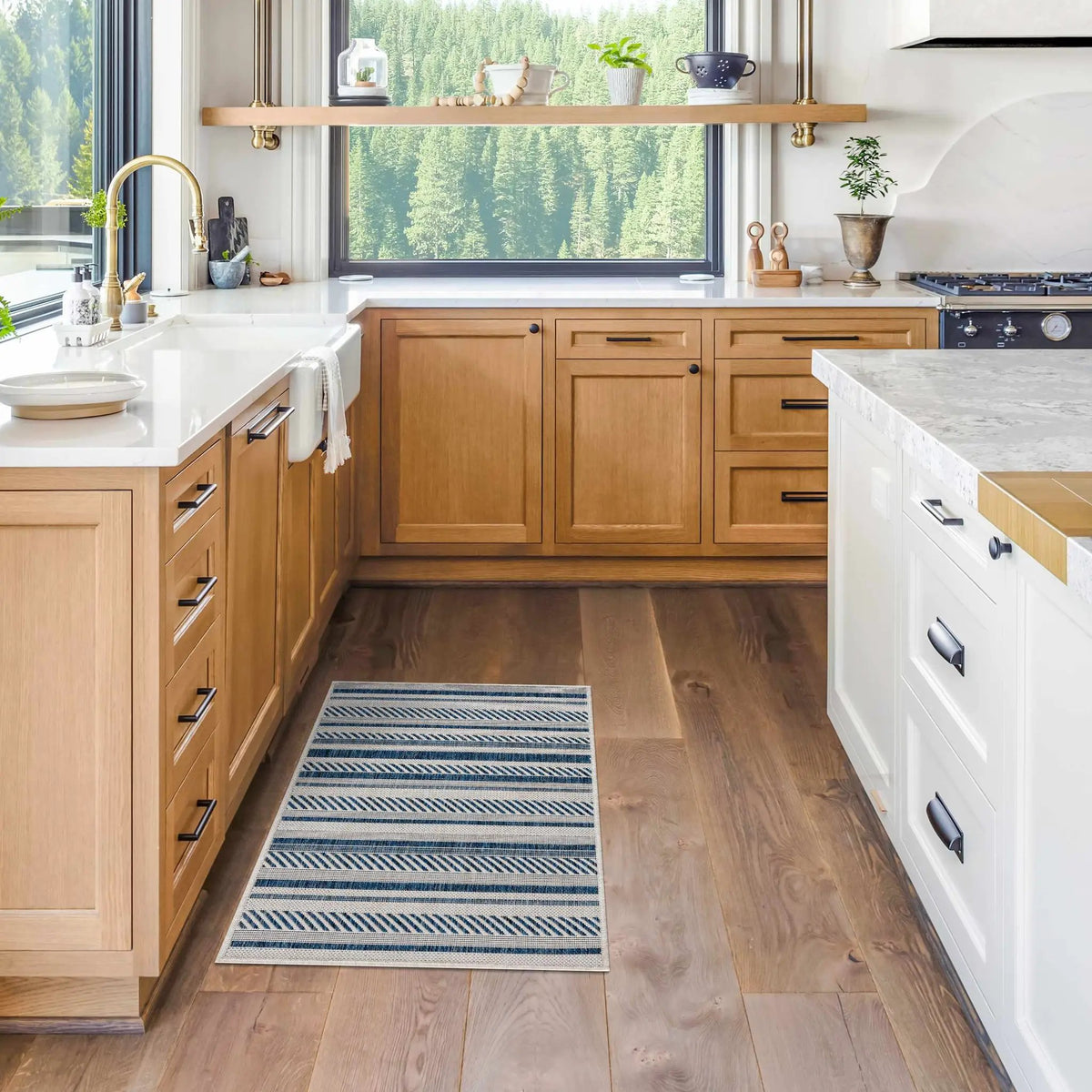 Olin White&Blue Striped Nordic Outdoor Rug, installed in a room 6
