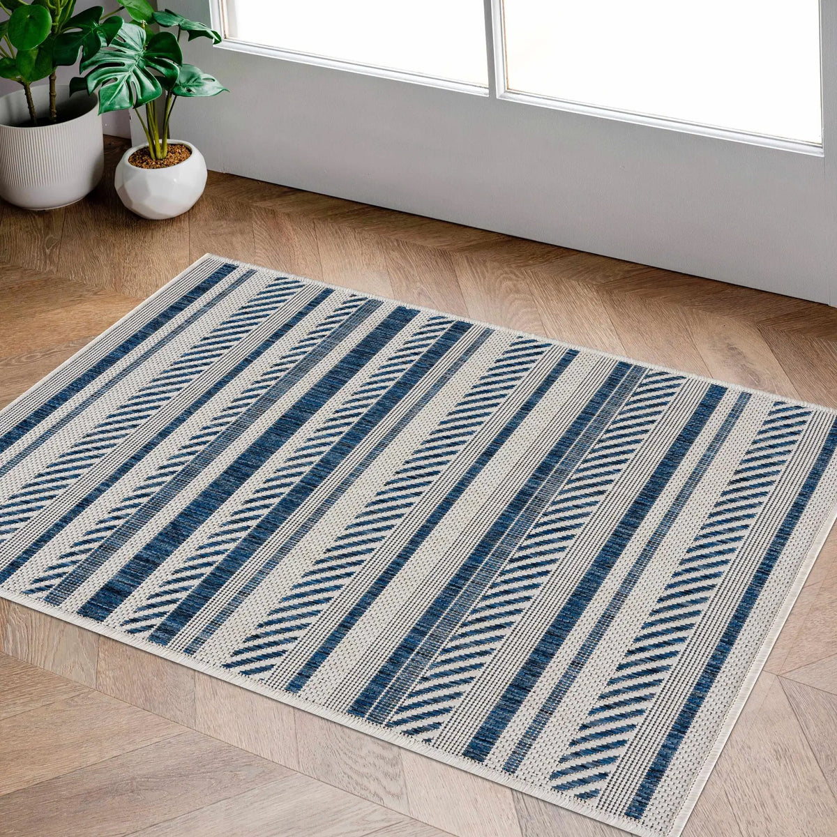 Olin White&Blue Striped Nordic Outdoor Rug, installed in a room 5