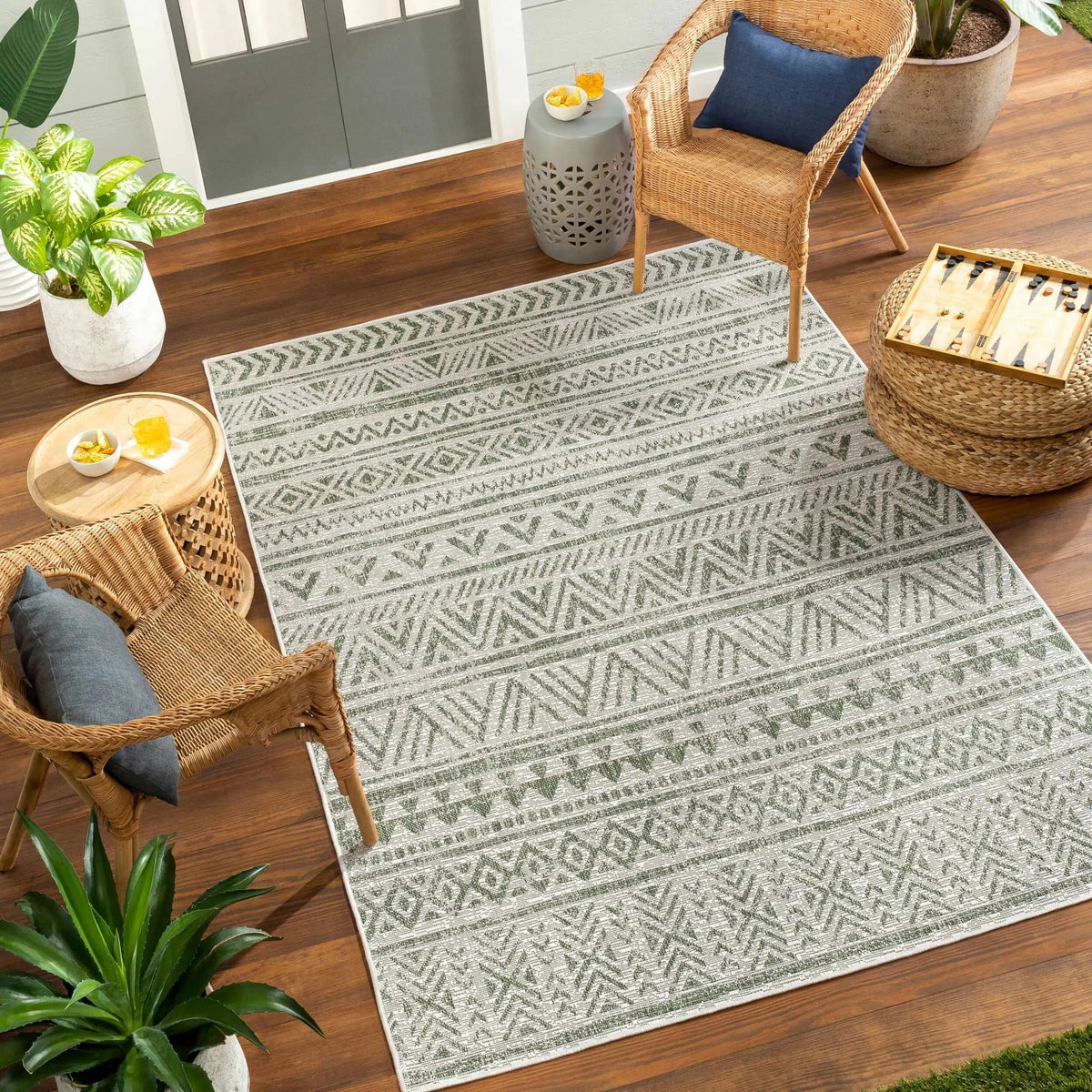 Novato Olive All Over Pattern Performance Outdoor Rug, installed in a room 2