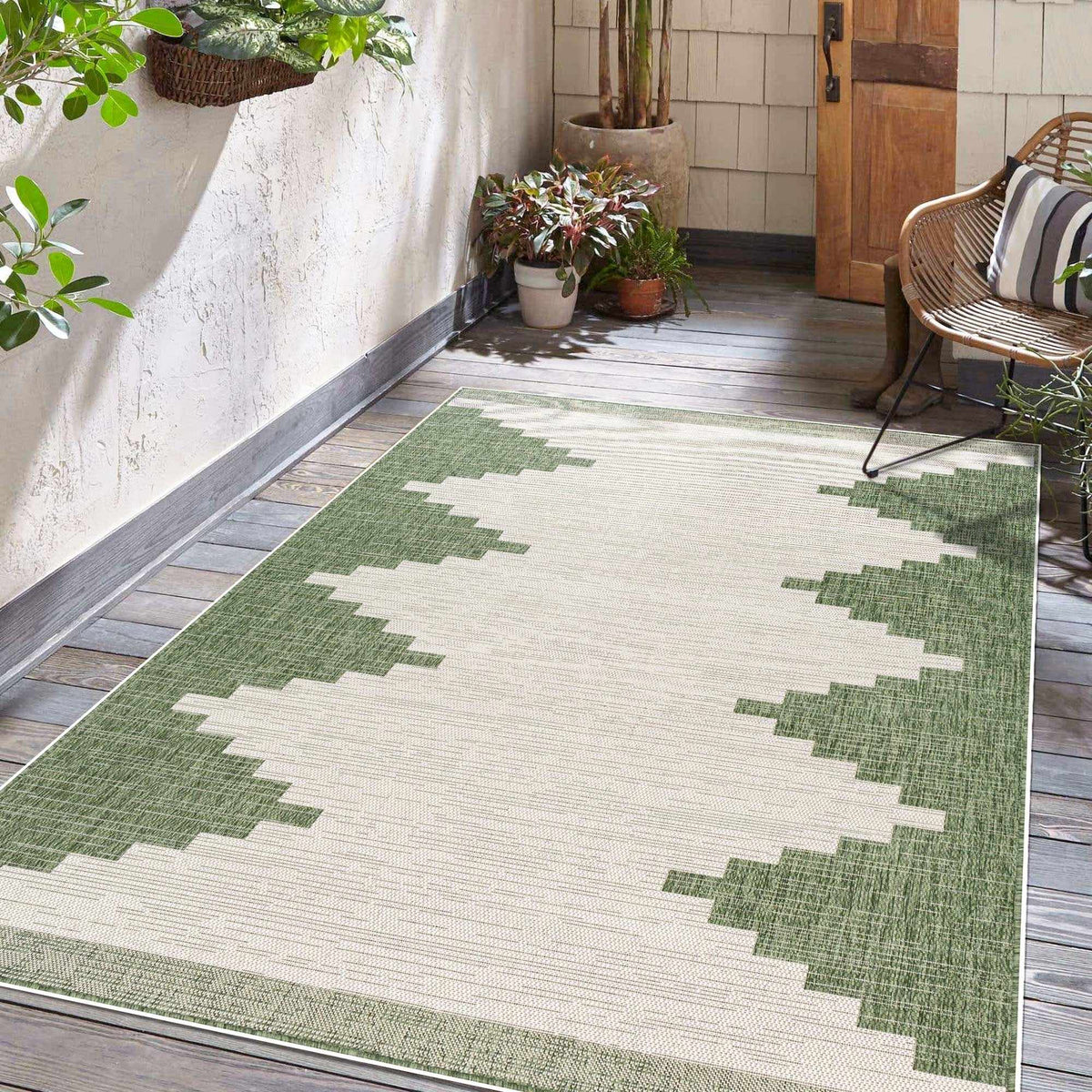 Djugun Green Indoor & Outdoor Rug, installed in a room